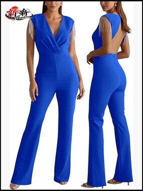 Polyester & Spandex Backless Rhinestone Fringe Jumpsuit Formal Party Wear